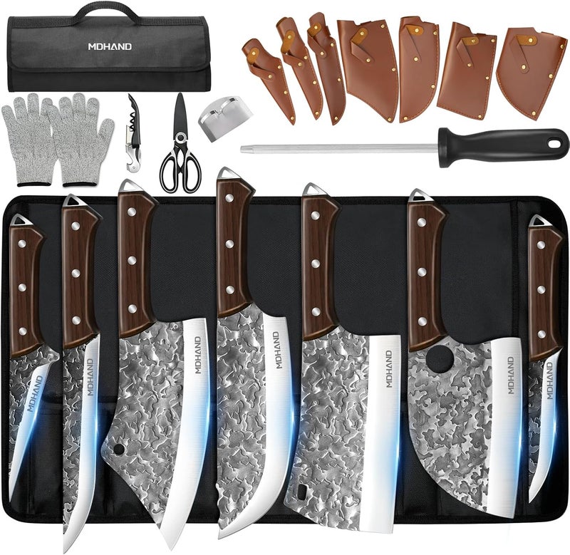 MDHAND 14PCS Professional Butcher Knife Set with Roll Bag, Heavy Duty Meat Cleaver, Boning Knife, Viking Knives, Hand Forged Chef Knife Set, Meat Cutting Knife for Kitchen, Gift for Men, BBQ, Camping - Image 1